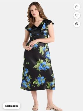 Time and Tru Black Midi Dress with Blue & Green Floral Print